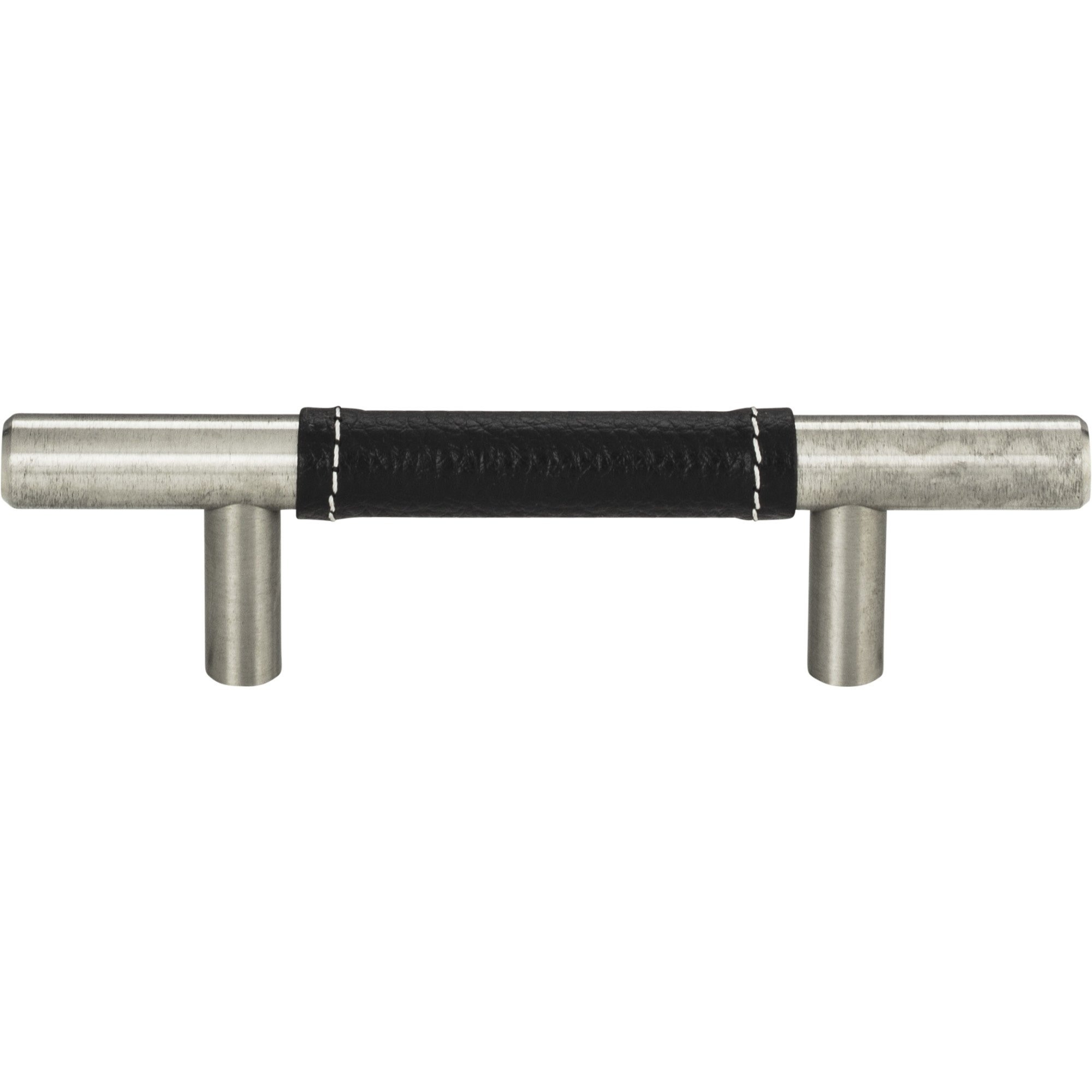 Zanzibar Black Leather Cabinet Pull 3" Center to Center Brushed Nickel