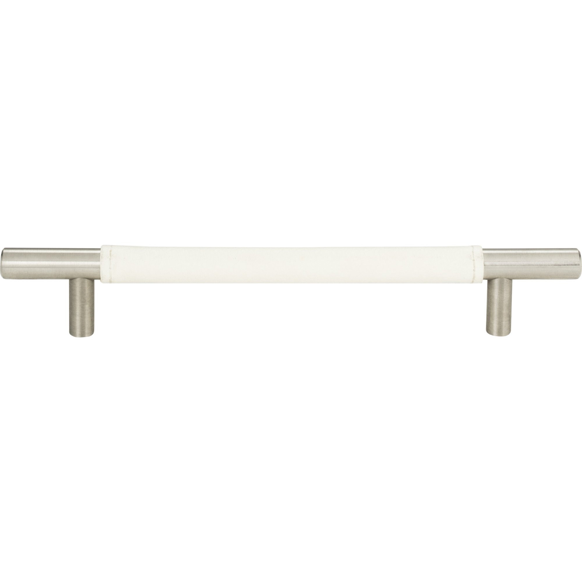 Zanzibar White Leather Cabinet Pull 6 5/16" Center to Center Brushed Nickel