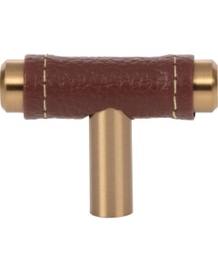 Zanzibar Brown Leather Cabinet Knob 1 7/8" Warm Brass